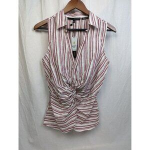Harve Benard Women's Washable Linen Red White Stripe Twist Front Blouse Top Sz S